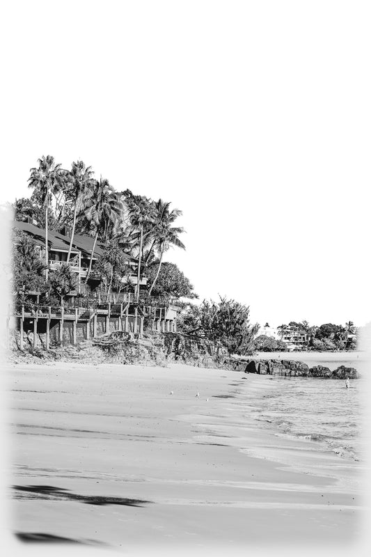 Black and white photo of a beach with palm trees and buildings.